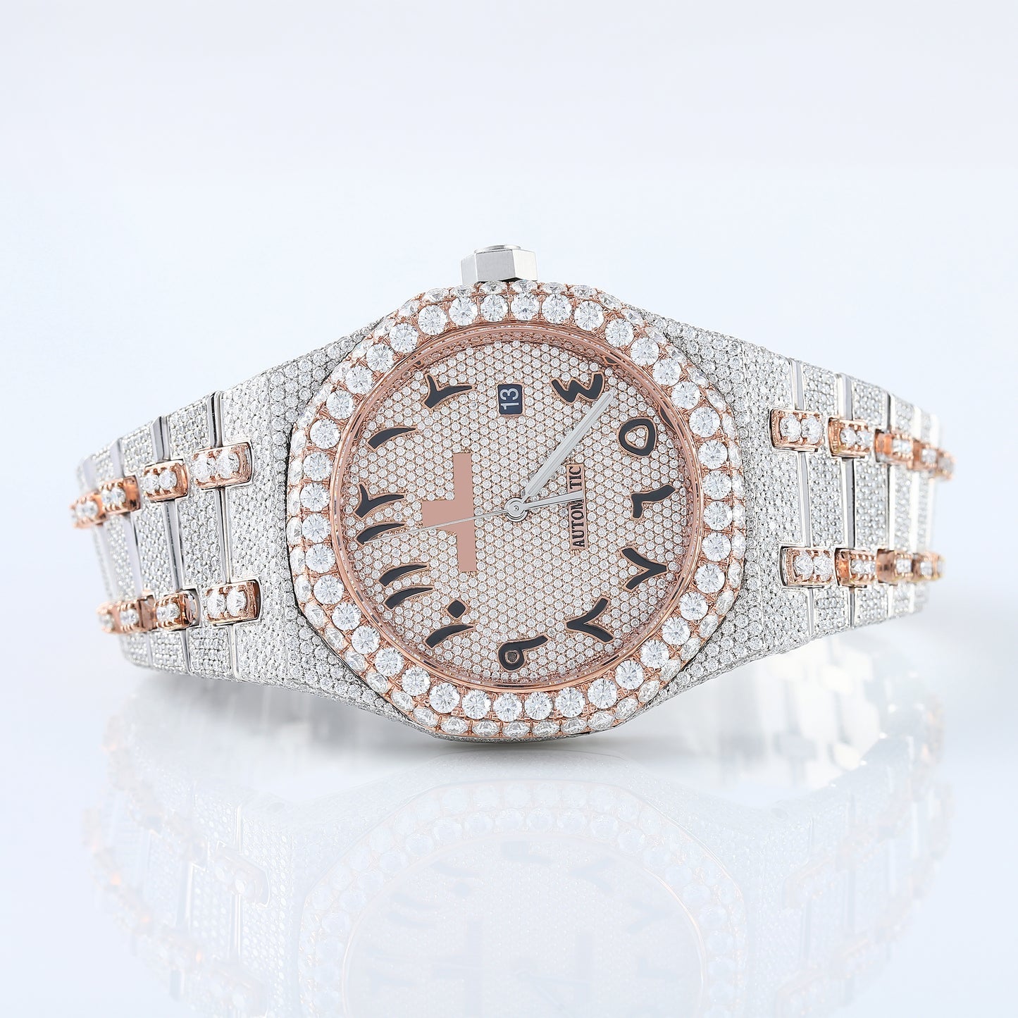 Two Tone Rose Gold Arabic Dial Iced Out VVS Moissanite Diamond Watch