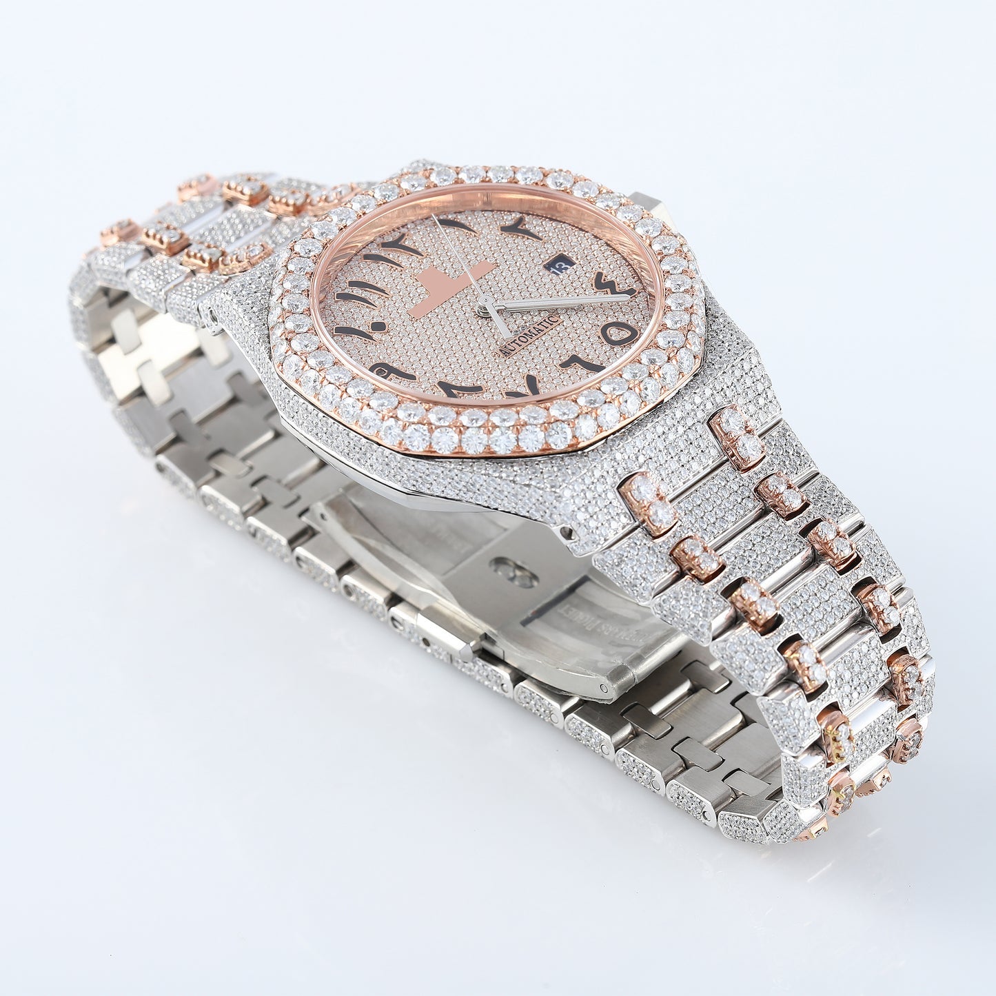 Two Tone Rose Gold Arabic Dial Iced Out VVS Moissanite Diamond Watch