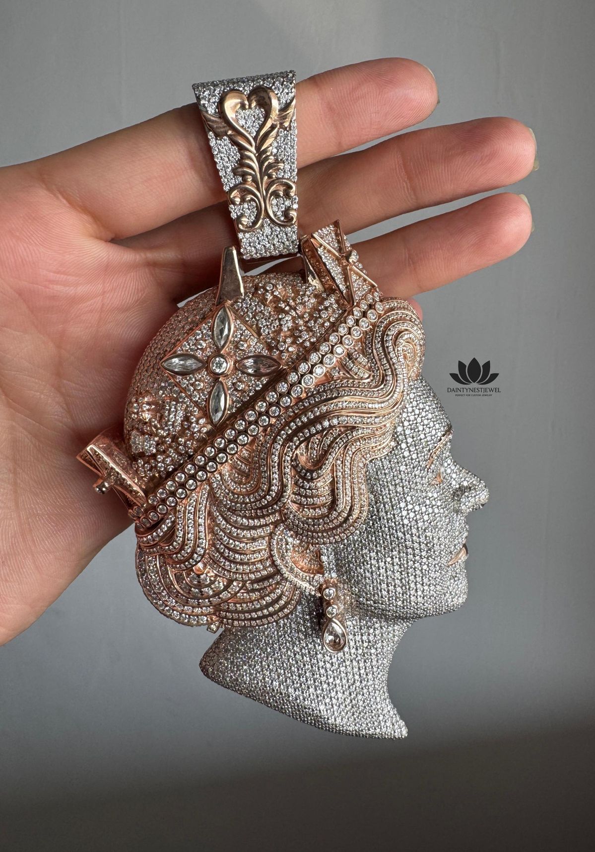 Rose Gold Moissanite Queen Face Pendant,Two - Tone  Gold Plated Design